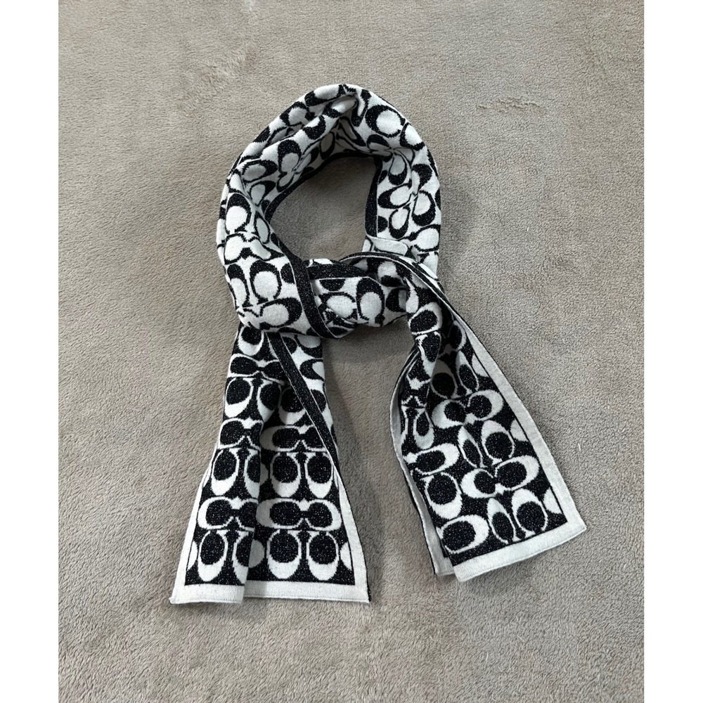 COACH Reversible Knit Scarf Black White Metallic Signature C Wool Blend GOOD